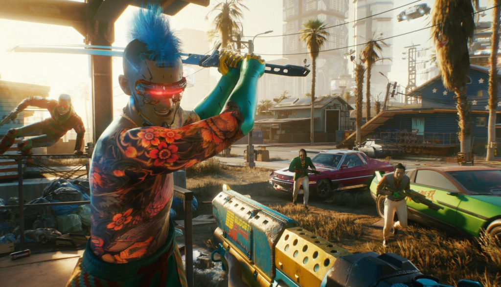 Screen shot of a gun about to shoot a sword-wielding enemy in the video game Cyberpunk 2077.